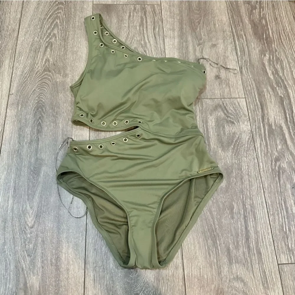 Michael Kors One Shoulder Cutout Side woman swimsuit with gold grommets size 12